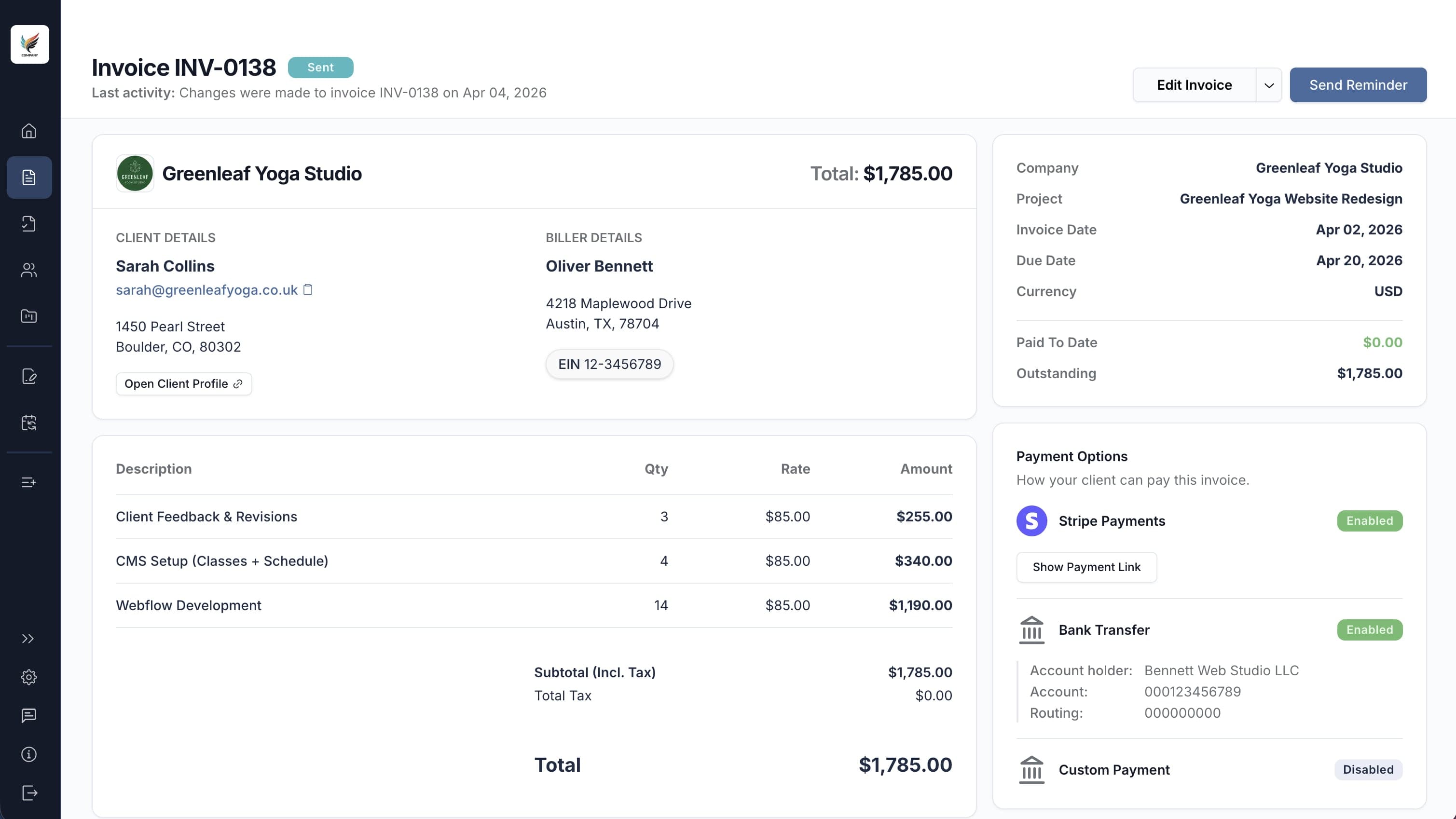Screenshot of the invoicing screen
